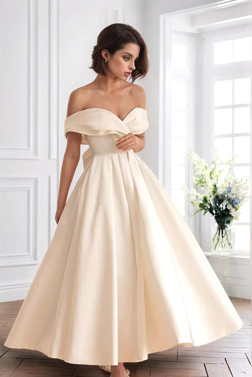 

Women's Satin Tea Length Wedding Dresses for Bride Simple Midi A Line Formal Bridal Gowns White Off The Shoulder Courthouse Wedd