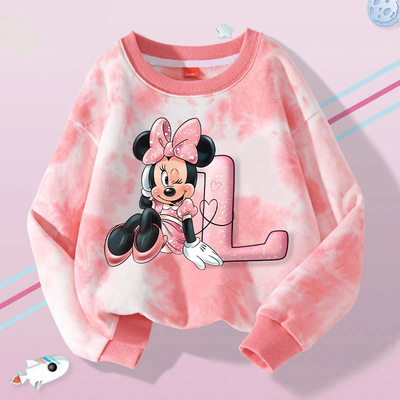 New Disney Minnie Mouse Children Hoodies Kawaii Cartoon Letter Printed Sweatshirt Kids Casual Sports Tops 2024 New Girls Clothes