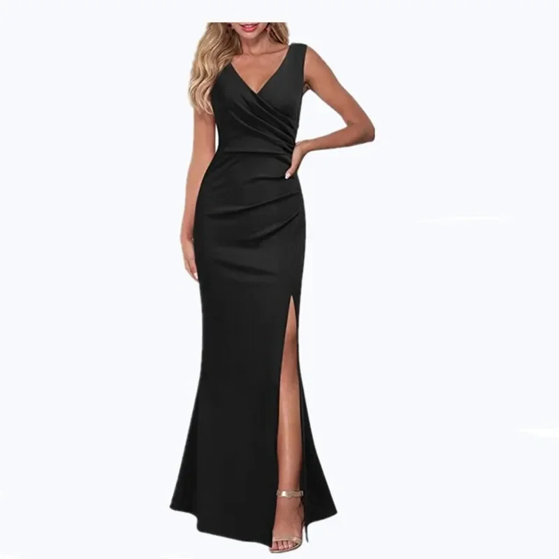 Women\'s V-neck Sleeveless Maxi Dress Summer Party Dance Slim Side Slit Evening Dress Sexy Backless Elegant Long Dress Partywear