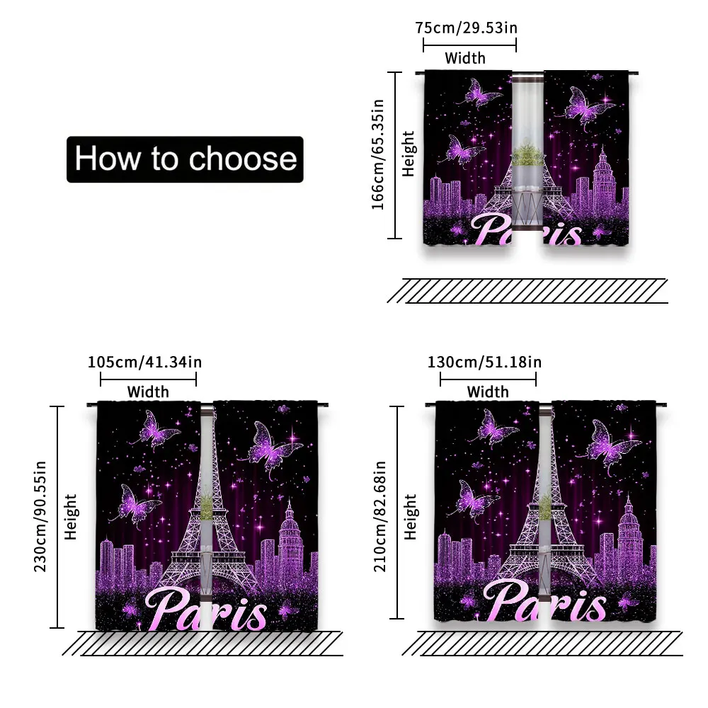 2Pcs Paris Eiffel Tower Curtains Curtains Adults Butterfly Florals Fashion Purple Romantic Suitable For Living Room Bedroom