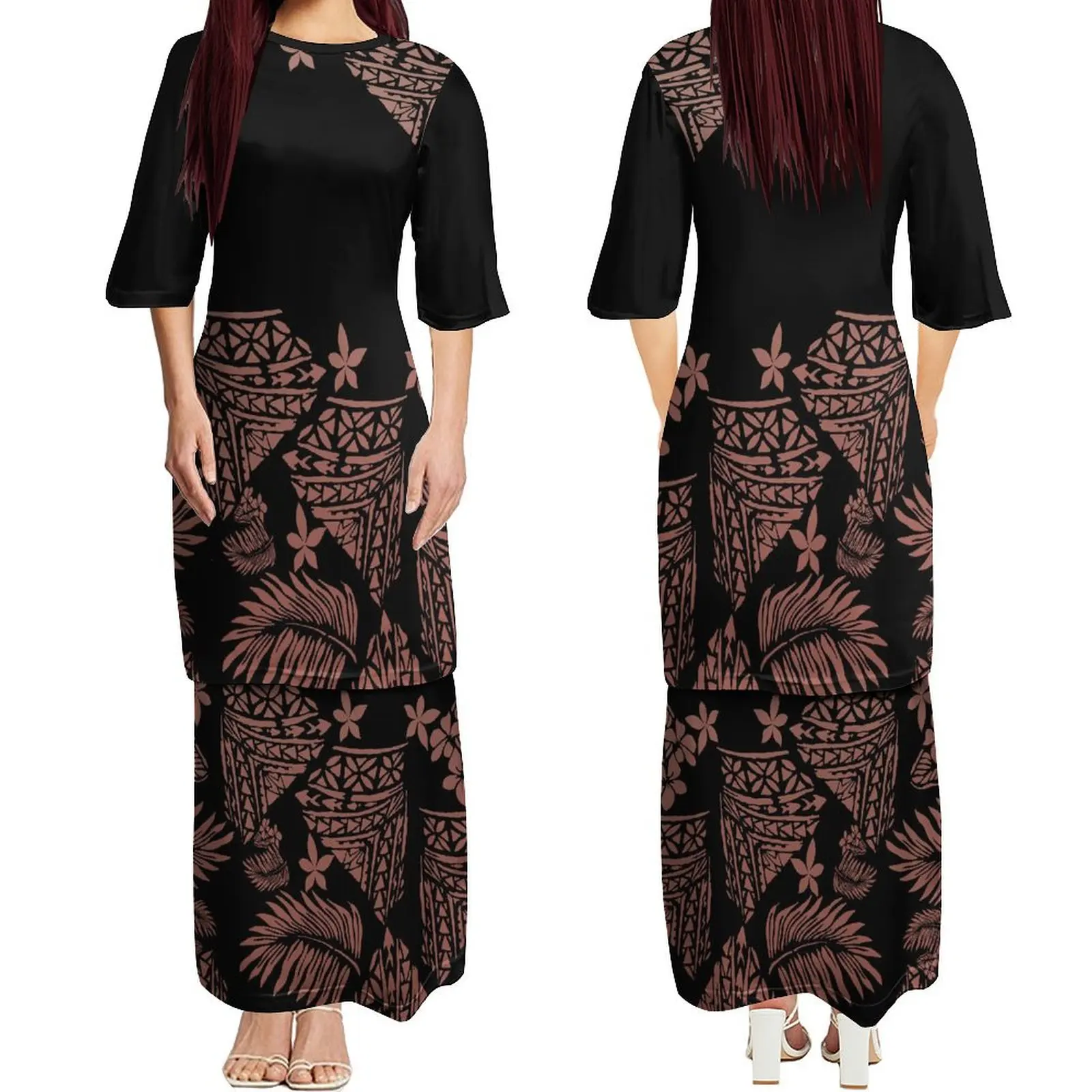 Round Neck Regular Sleeve Samoan Women\'s Double Suit Long Dress Print Custom Design Polynesian High Quality Dress Puletasi