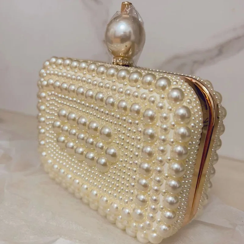 Fashion Women Shell Bag White Pearl Shoulder Chain Square Clutch Evening Bag Factory Real Photo