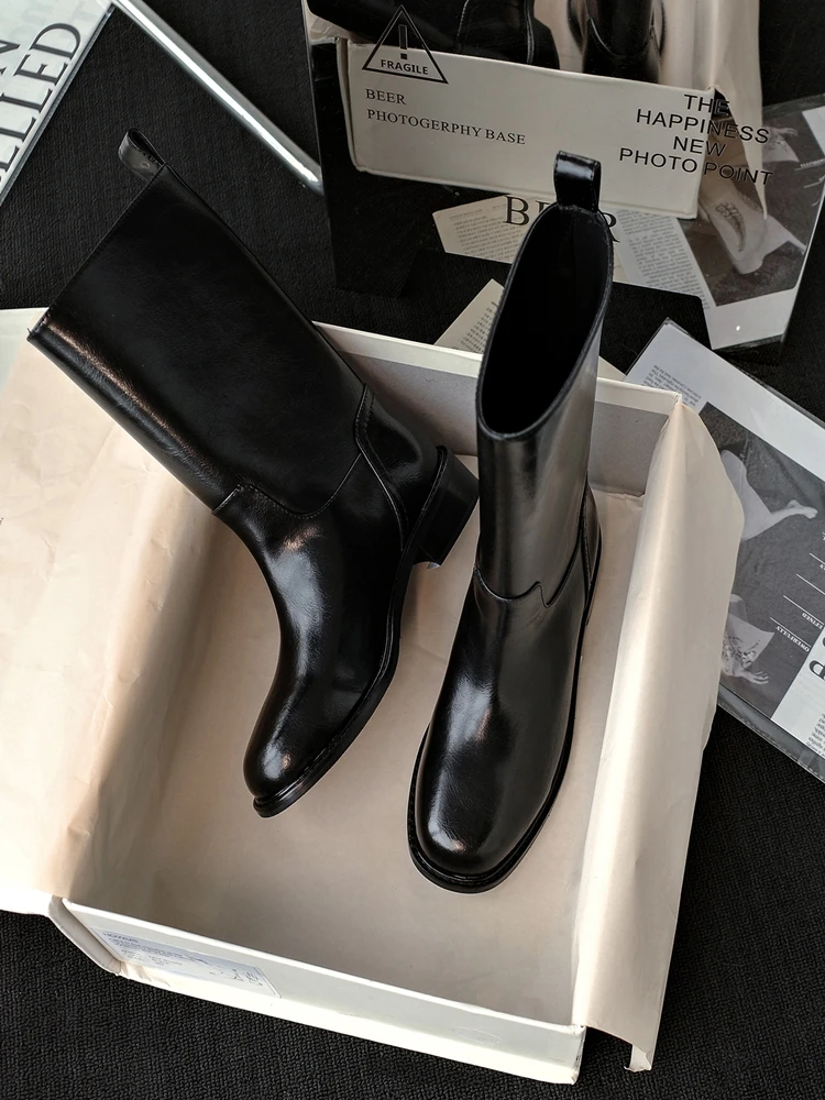 

Howus Women's Faion Boots Korean Sle Crumpled Leather Chunky Heel Mid-Calf Autumn Winter Boots Briti Sle Versa...