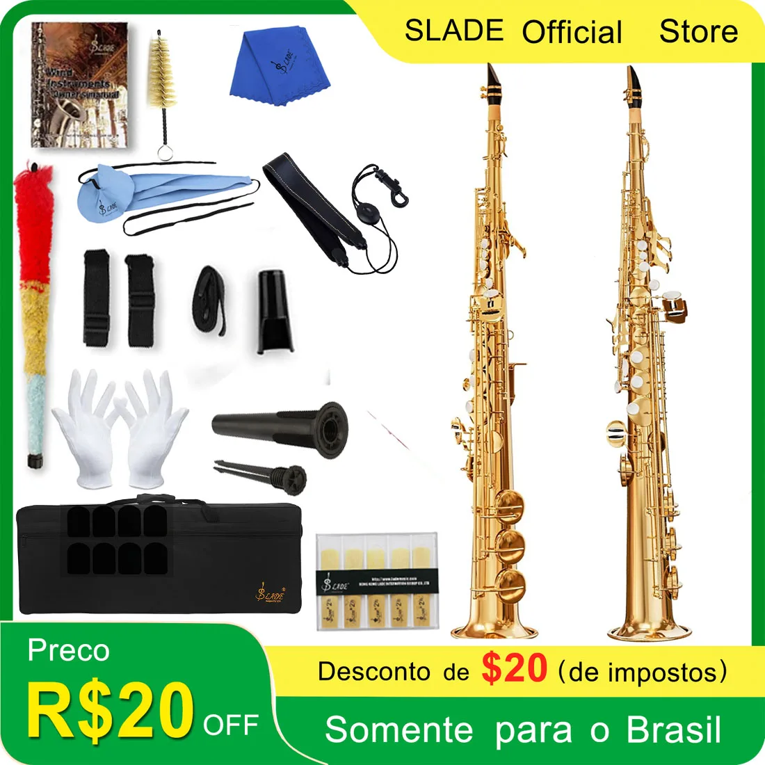 

SLADE Gold Soprano Straight Saxophone Student B Flat Paint Beginner Saxophone Set with Cleaning Cloth Suitcase Mouthpiece Reeds