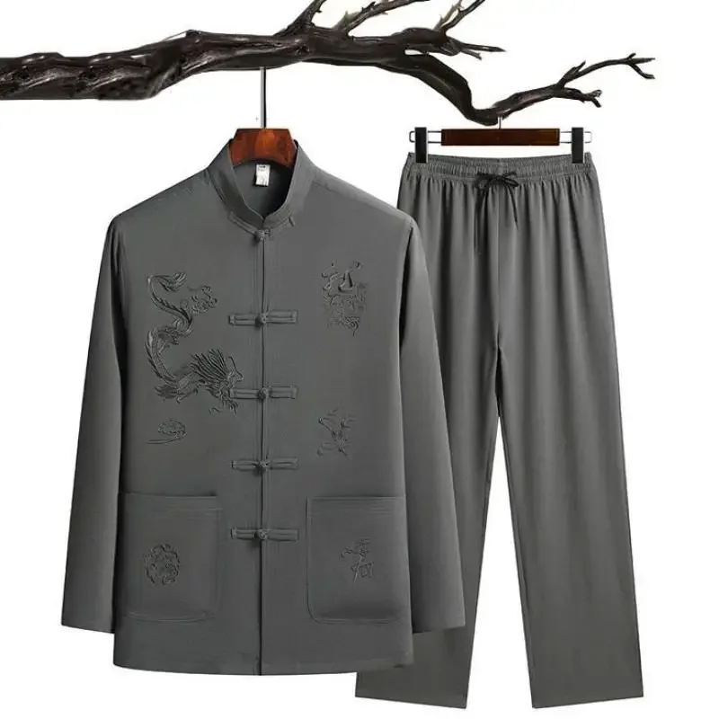 2023 long sleeve father\'s taiji suit autumn cotton linen suit Chinoiserie coiled loose Tang suit cotton linen suit