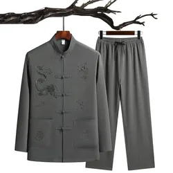 2023 long sleeve father's taiji suit autumn cotton linen suit Chinoiserie coiled loose Tang suit cotton linen suit