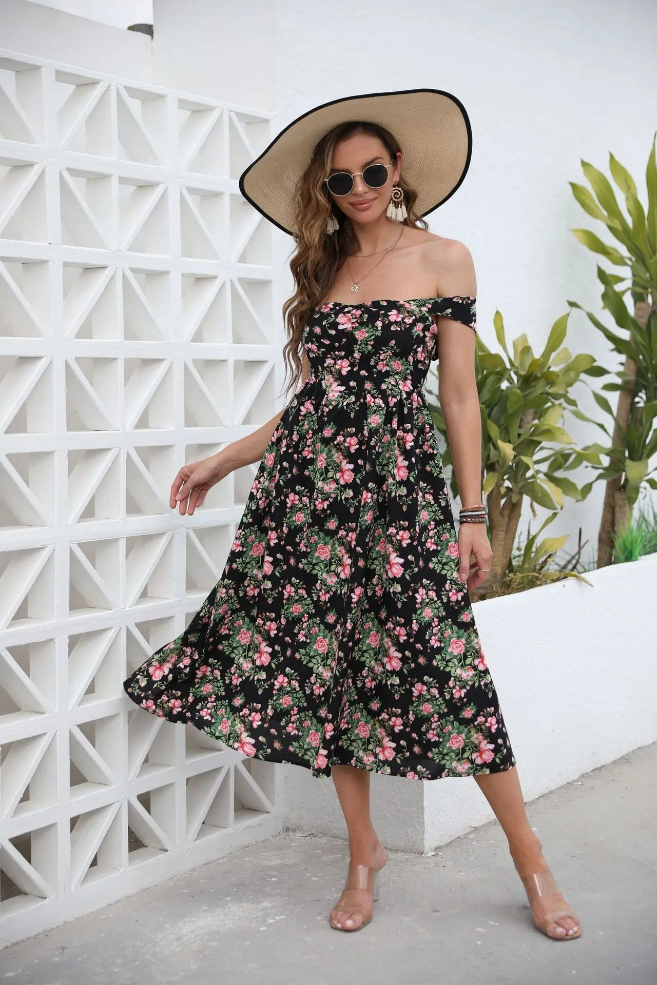 

2022 Spring and Summer New Women's Raglan Sleeved Slim Fit Dress Broken Flower Medium Length Skirt Robe Vestido Women Party