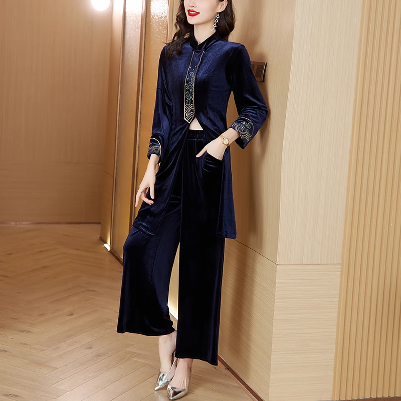 5XL Large Size Casual Sets Spring Fall Middle Aged Mother Retro Gold Velvet Pants Two Piece Suit Women Velvet Conjunto Tracksuit