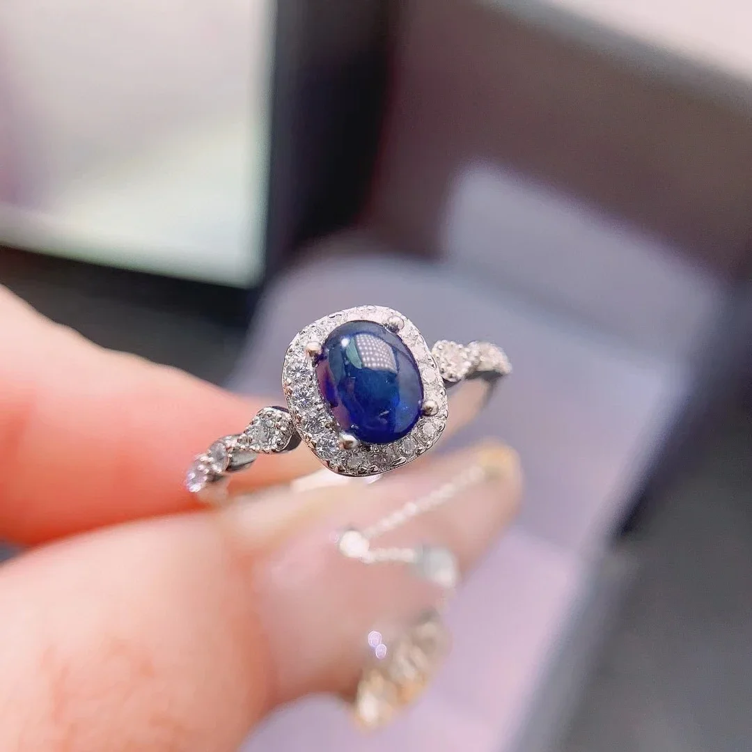 

Dark Blue Cabochon Sapphire Ring 5mm*6mm 0.6ct Natural Sapphire Silver Ring 18K Gold Plated 925 Silver Jewelry for Daily Wear