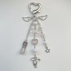 pink angelwing and blue flower keychain Y2k handmade