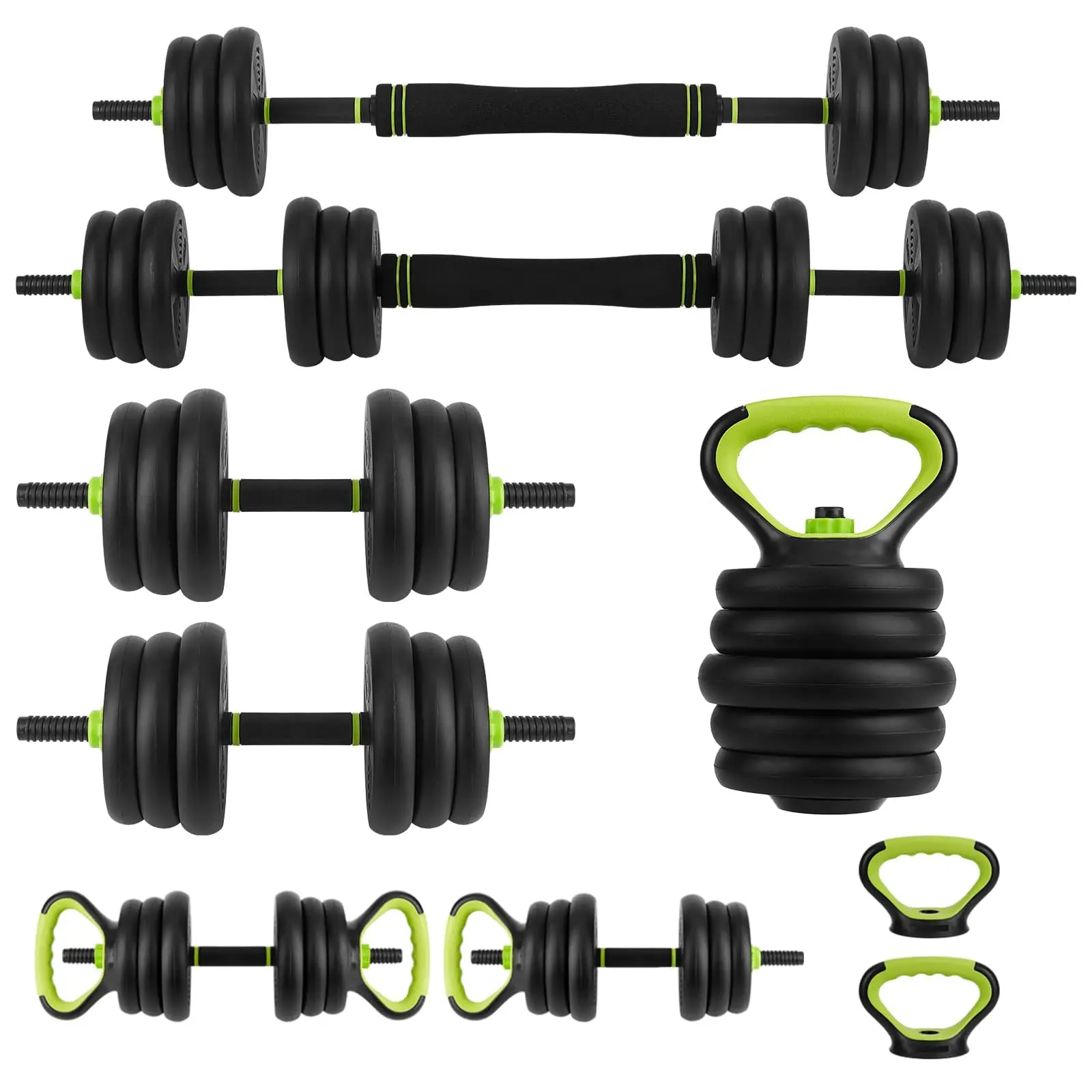 Set di manubri regolabili 4 in 1, 44 libbre, trasformabili in bilanciere, kettlebell e maniglie per flessioni – attrezzatura compatta per l’allenamento della forza, con impugnatura antiscivolo e