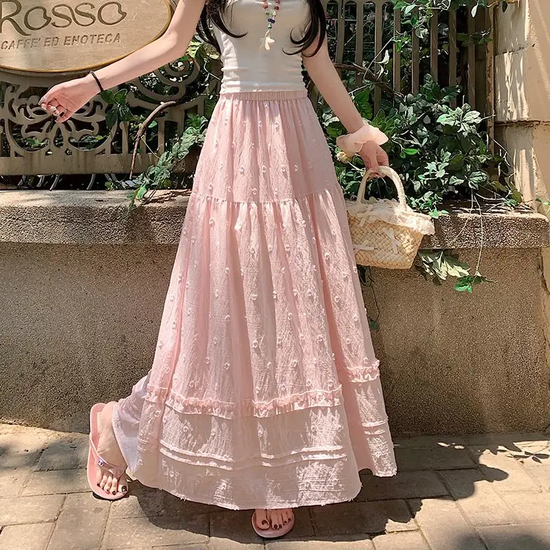 

Sweet style flower ear-side skirt women summer new high-waisted slim mid-length large a-line umbrella skirt