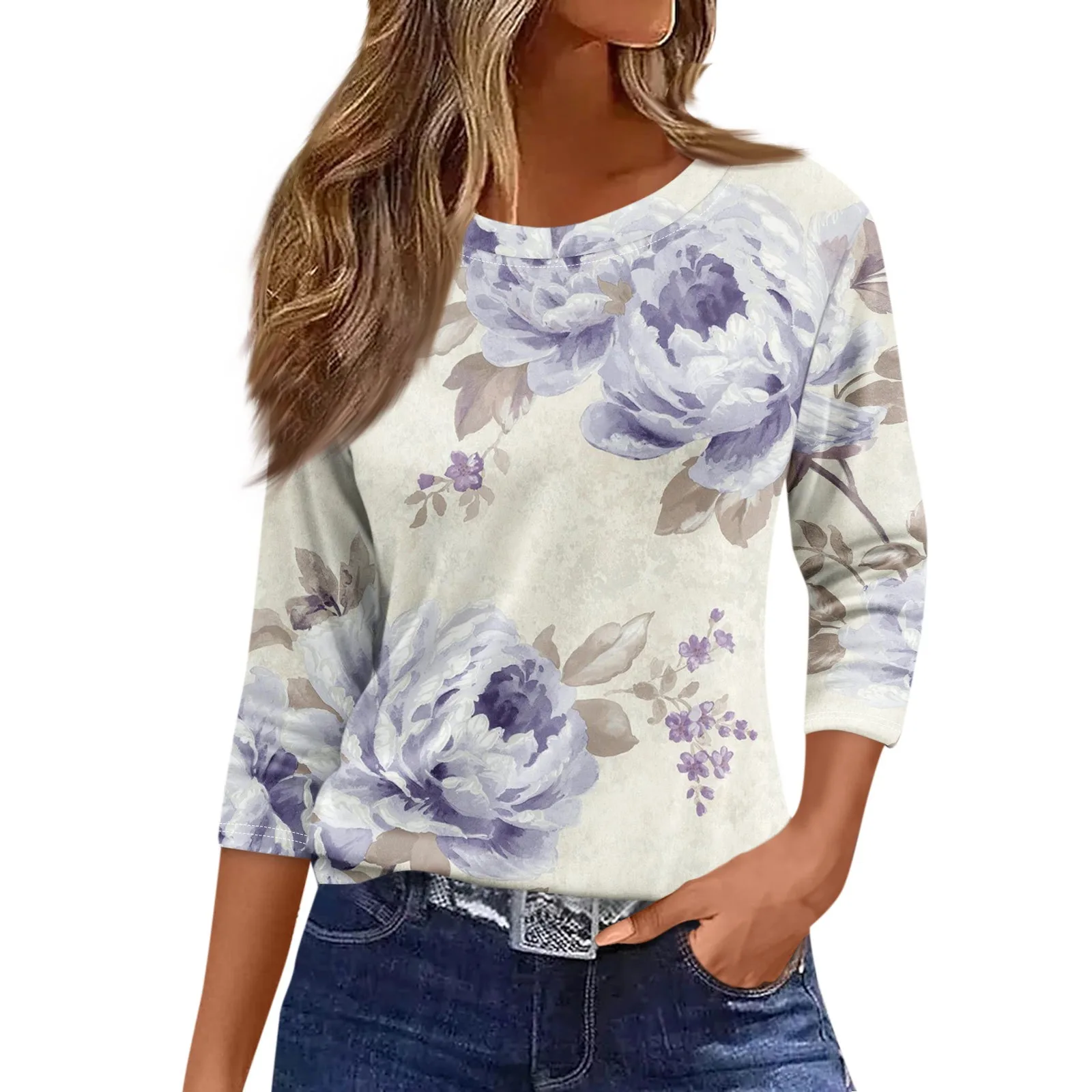 เสื้อยืดแขนสั้น 2025 ผู้หญิงแฟชั่นสบายๆรอบคอยาวแขนยาวหลวมพิมพ์เสื้อยืดสุภาพสตรี Tops เสื้อผ้าผู้หญิง