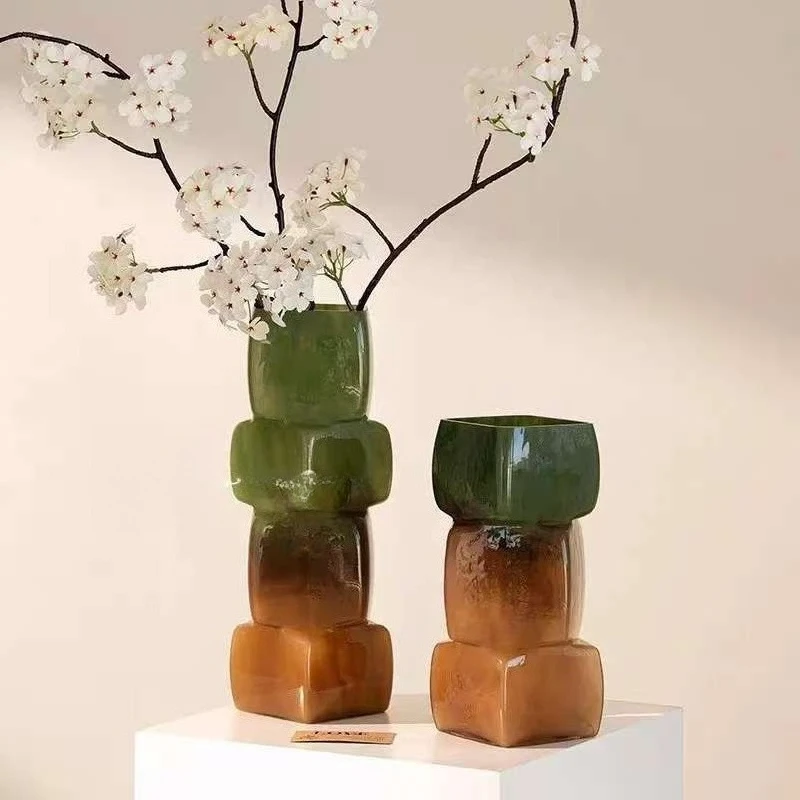 Simple Glass Vase Geometric Square Stacking Marbling Gradient Flower Vase Floral Arrangement Accessories Terrarium Flower Pot