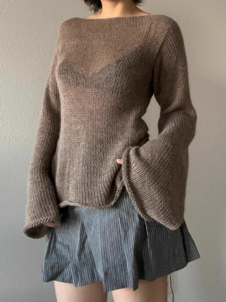 

2025 Sexy Backless Bandage Sweaters Vintage Harajuku Grunge Flare Sleeve Jumpers Y2k Aesthetic Knitted Women Autumn Pullovers