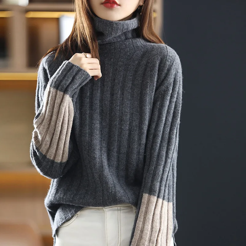 Lazy Style High Neck Black Sweater for Women Loose Thick Slit Bottom Knitted Sweater