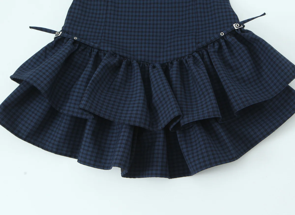 2025 outono nova moda feminina estilo elegante em torno do pescoço sem mangas xadrez em camadas vestido curto decorativo