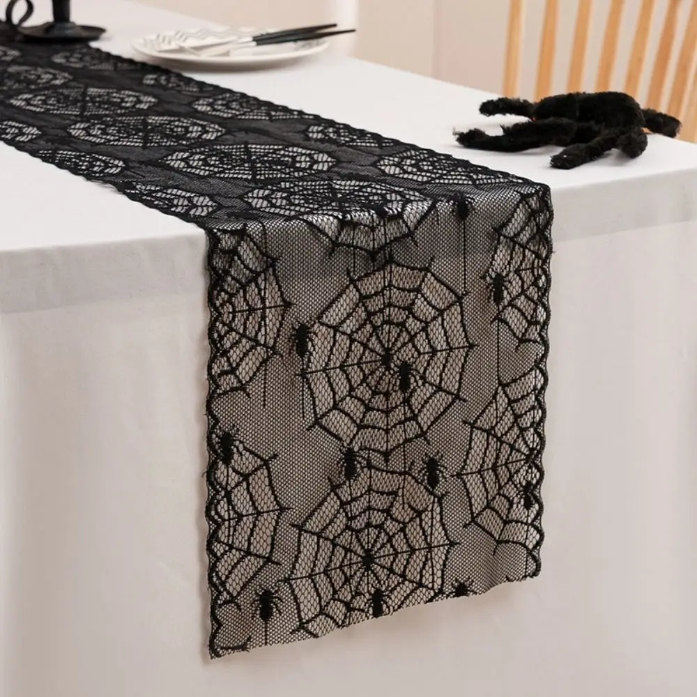 Black Color Halloween Table Runner Long Length Lace Material Spider Web Table Runner Gothic Style Cobweb Tablecloth