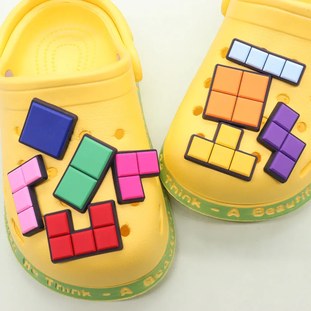 1-9Pcs Bright Colorful Squares Children PVC Shoes Charms Clog Popular Game Sandals Decorations Fit Holiday Gift