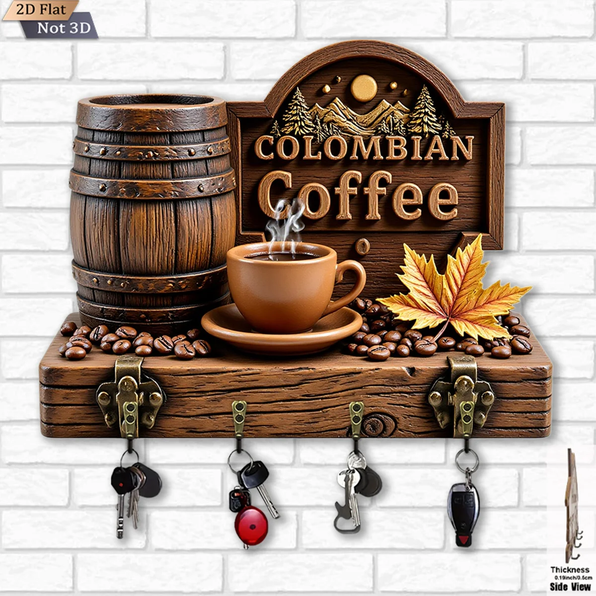 Colombian Coffee Pattern Wooden Key Hook Multifunctional Home Key Holder With Four Metal Hooks Wall Hanging Decor For Porch Room