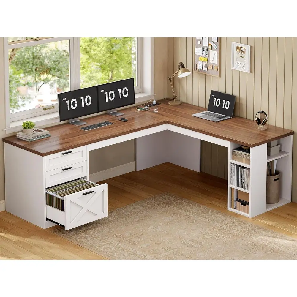 

67 L-Shaped Desk with 3 Drawers, White Storage Computer Desk with Power Outlets, Executive or Home Office Furniture, White and B