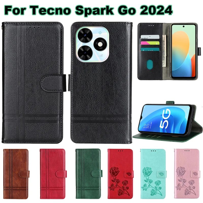 

чехол на Tecno Spark Go 2024 Case Original PU Leather Fundas Book Flip Capa Phone Cover For Carcasas Tecno Pop 8 Mujer Etui 6.6"