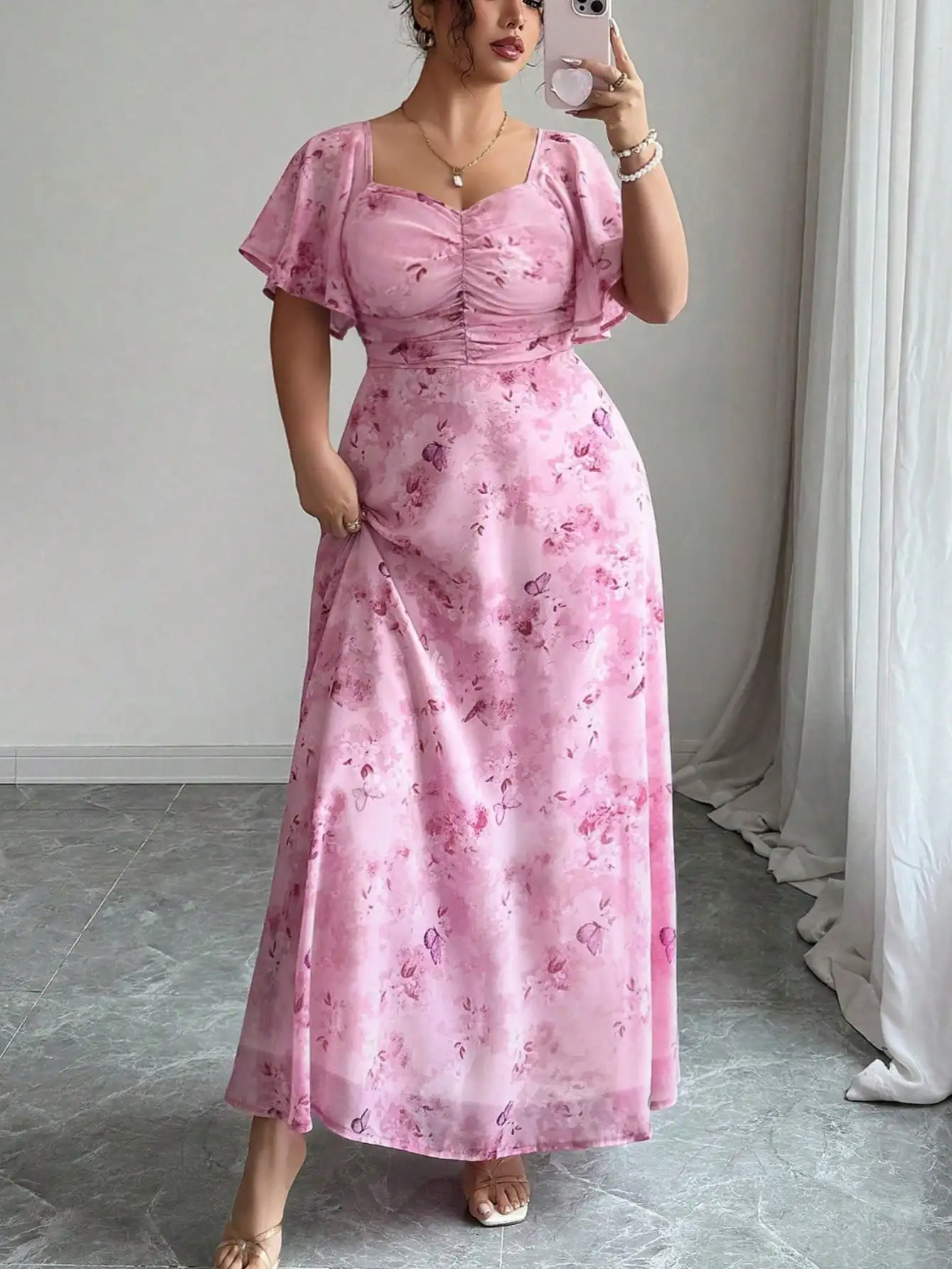 

Women's Chiffon Butterfly Floral Print Batwing Sleeve Pleated Sweet French Style Summer Maxi Dress