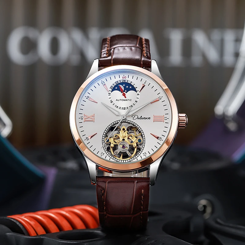

Dulunwe круглые мужские механические часы Sun, Moon And Stars Hollow Tourbillon Design автоматические часы 24 часа