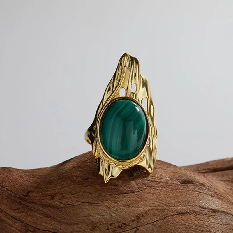 Retro exaggerated personalized color treasure ring s925 sterling silver inlaid natural malachite ring European and American