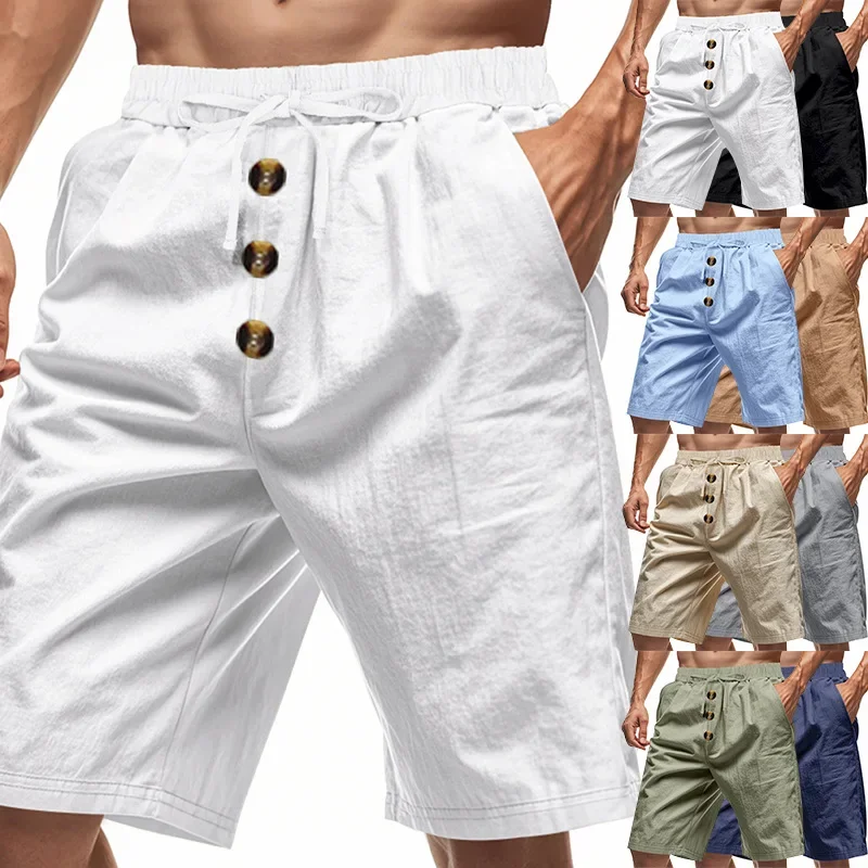 

Summer Men's Loose American Linen Beach Casual Wash Button Sport Shorts for Men Basketball Shorts Gym Shorts