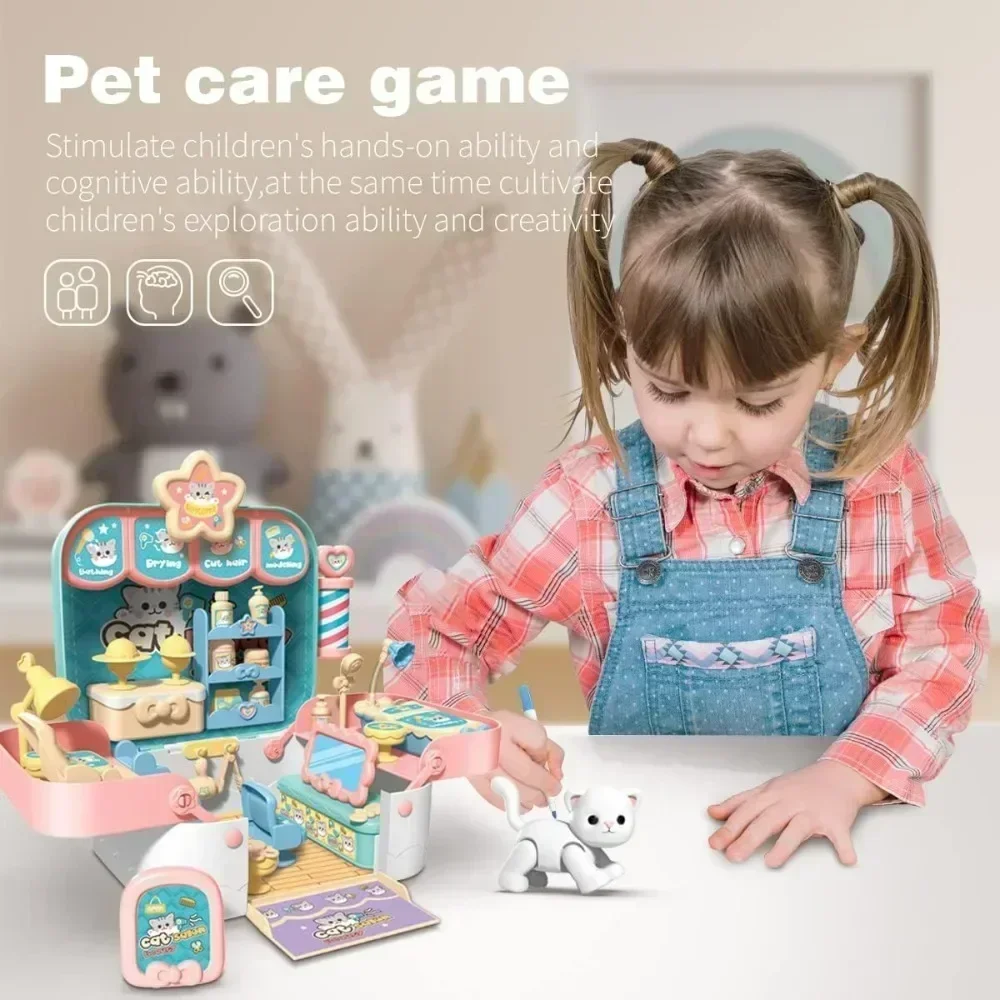 Casa delle bambole Playset giocattoli per ragazze bambini Pet Care Toy fai da te finta gioca giocattolo Cat Grooming Hair Salon Room con scatola di