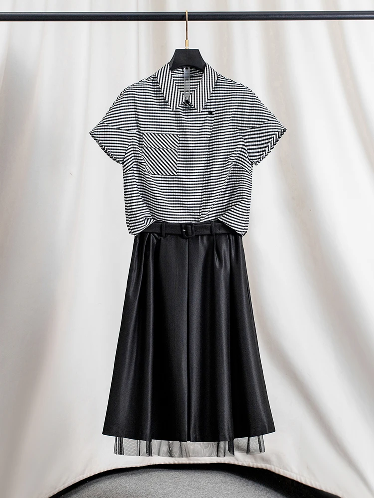 

Elegant Stripe Short Sleeve Shirt Dress Set Women's Summer Long Dress Two-Piece Suit Cotton Collar Button-Up Fashionable