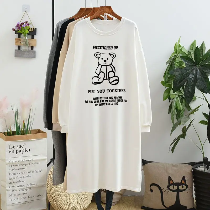 Street Casual Split Hem T Shirt Dress Spring Autumn New Long Sleeve Plus Size Letter Print Dresses Fashion Vintage Women Clothes