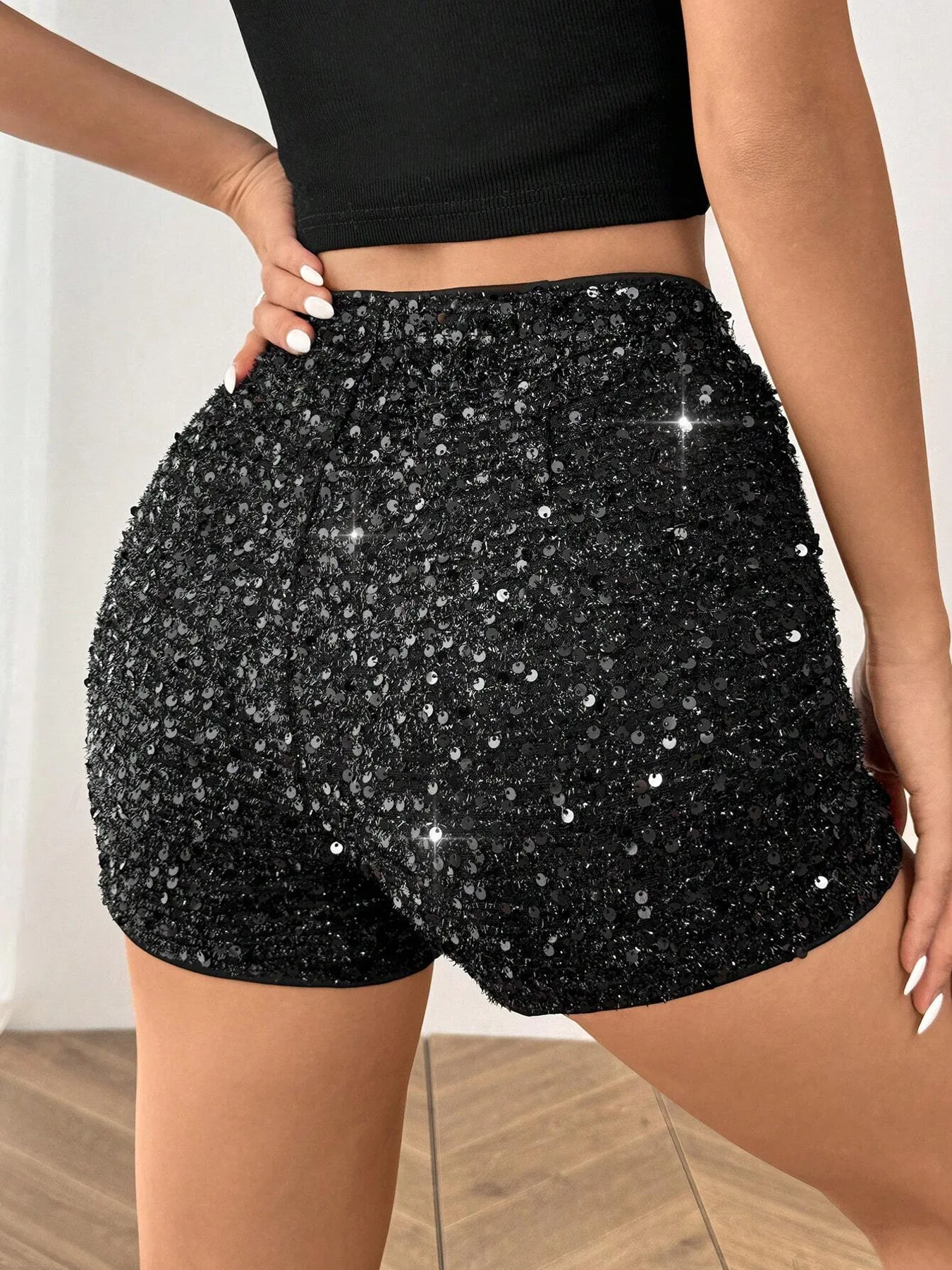 Women Sequins Black Low Rise Shorts Y2K Sexy Skinny Mini Shorts Summer Fashion Party Clubwear Costume Bottoms