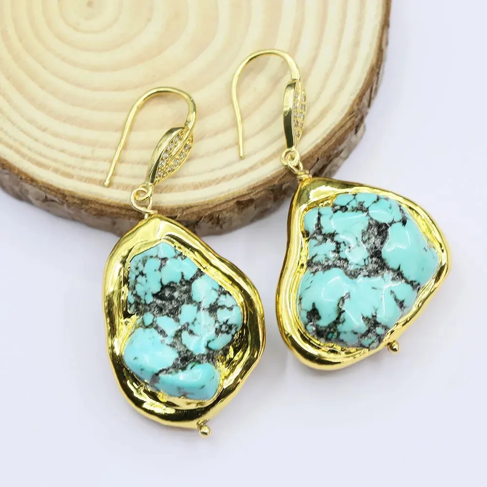 Freeform Turquoise Blue Howlite With Gold Plated Edge Lever Back Dangle Earrings CZ Hook Ethnic Style For Lady