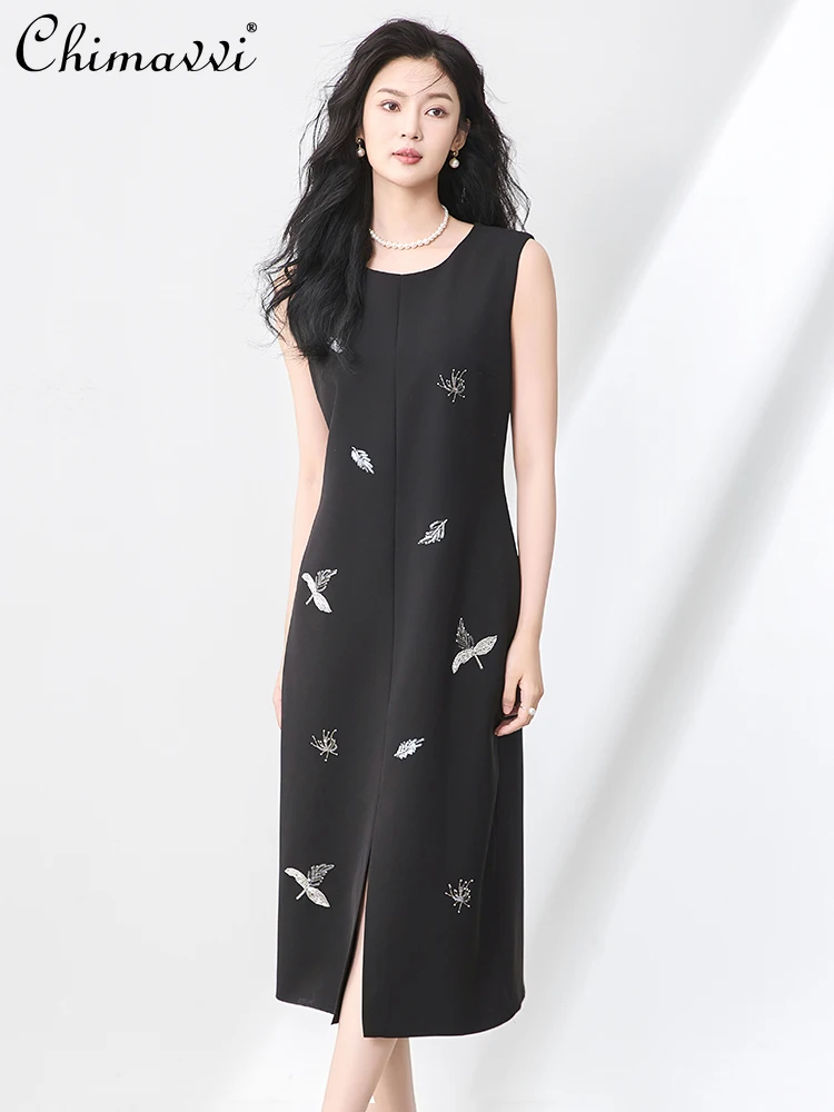 

Новинка 2023 года, летние платья, французское элегантное темпераментное светское платье без рукавов с бисером и блестками, с высокой талией, тонкое длинное платье с разрезом для женщин