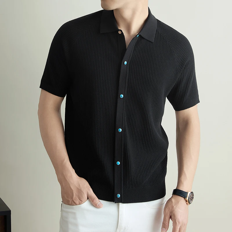 Afbeelding 7: Gebreid vest, T-shirt met korte mouwen, heren zomer nieuwe stijl, high-end casual, Old Money stijl, heren revers top