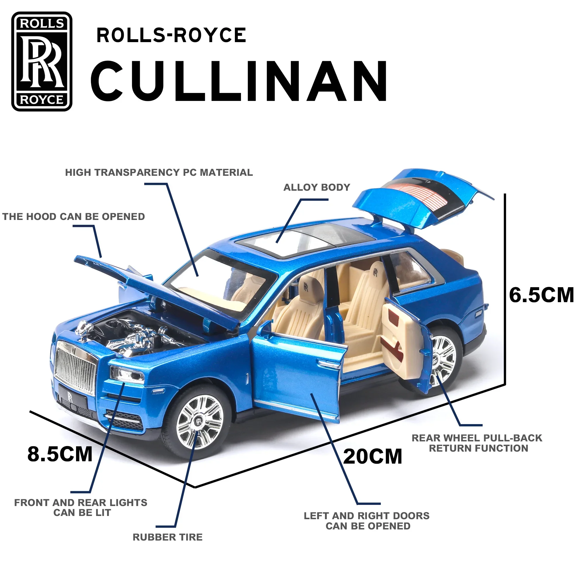 1:24 Rolls Royce Cullinan Alloy Car Model Large Size Simulation SUV Metal Car Model Light Sound Pull Back Scale Car Miniatur Car