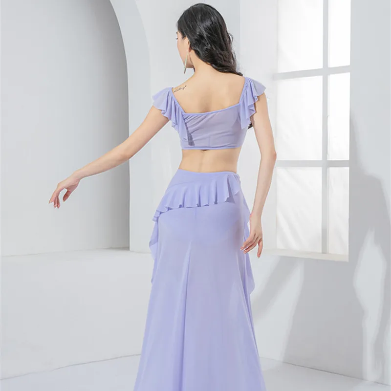 밸리 댄스 연습 옷 짧은 소매 섹시 사이드 스플릿 스커트 LGauze 오리엔탈 댄스 의상 꽃 초커 여성 여름