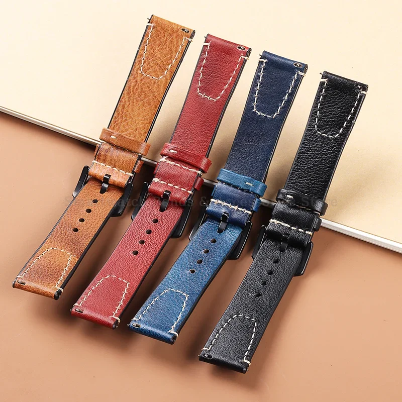 خمر أشرطة ساعات يد جلدية 18 مللي متر 20 مللي متر 22 مللي متر الإفراج السريع سوار مقاوم للماء الرياضة المعصم الفرقة خياطة جلد البقر الرجال شريط للرسغ