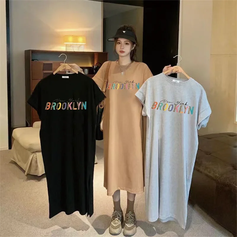 

Summer Fashion Letter Rainbow Style Print Loose Comfortable Round Neck Short Sleeve Large Size Dress