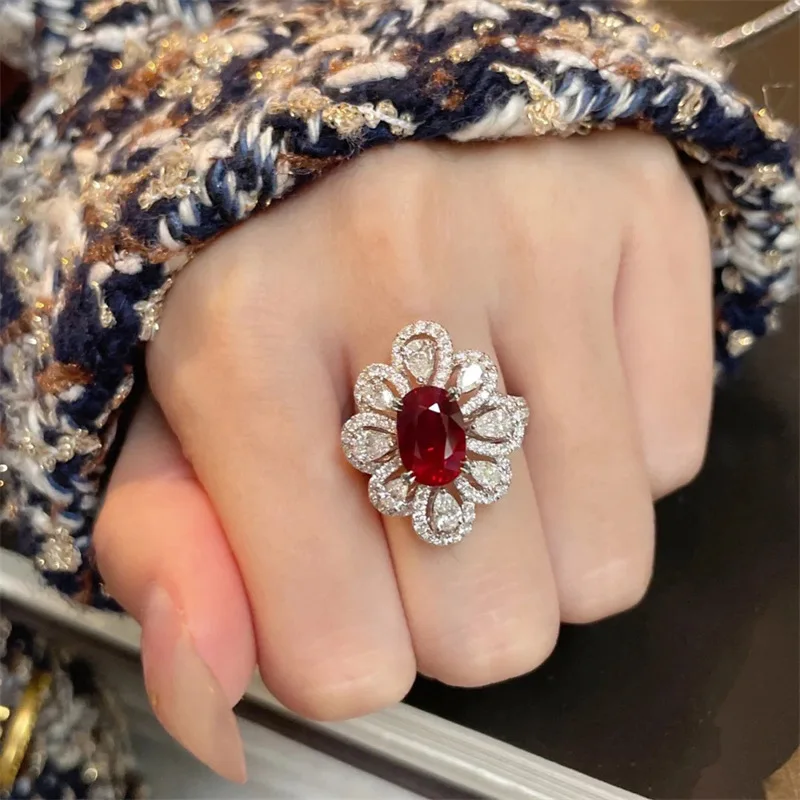 

Sparkling beautiful floral luxury ruby rings for women silver 925 showy red flower ring wedding engagement jewelry gift