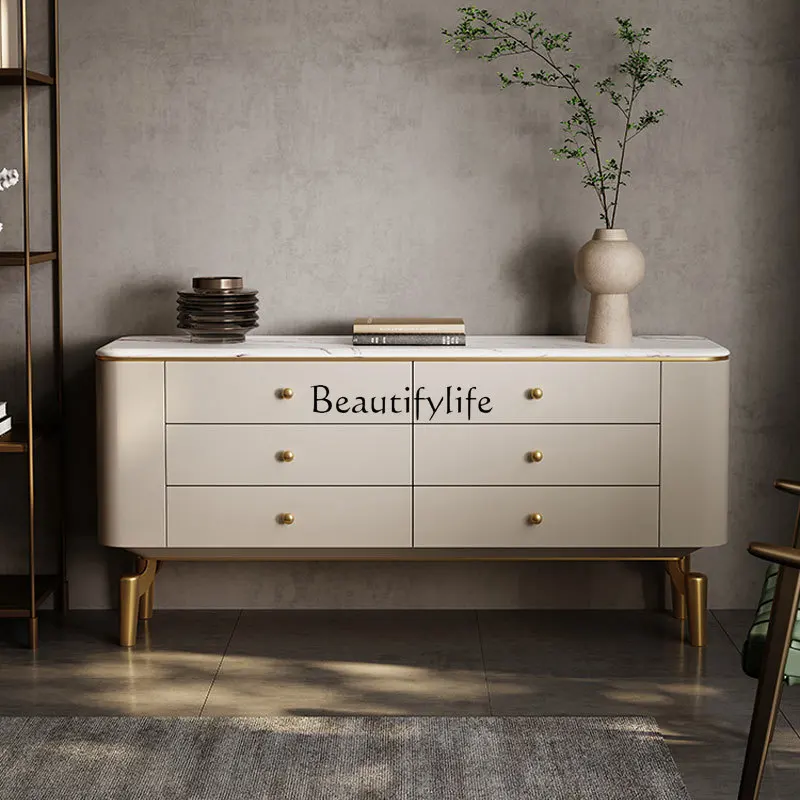 

Light luxury marble dining side cabinet integrated against the wall luxury stone storage stainless steel six-bucket side cabinet