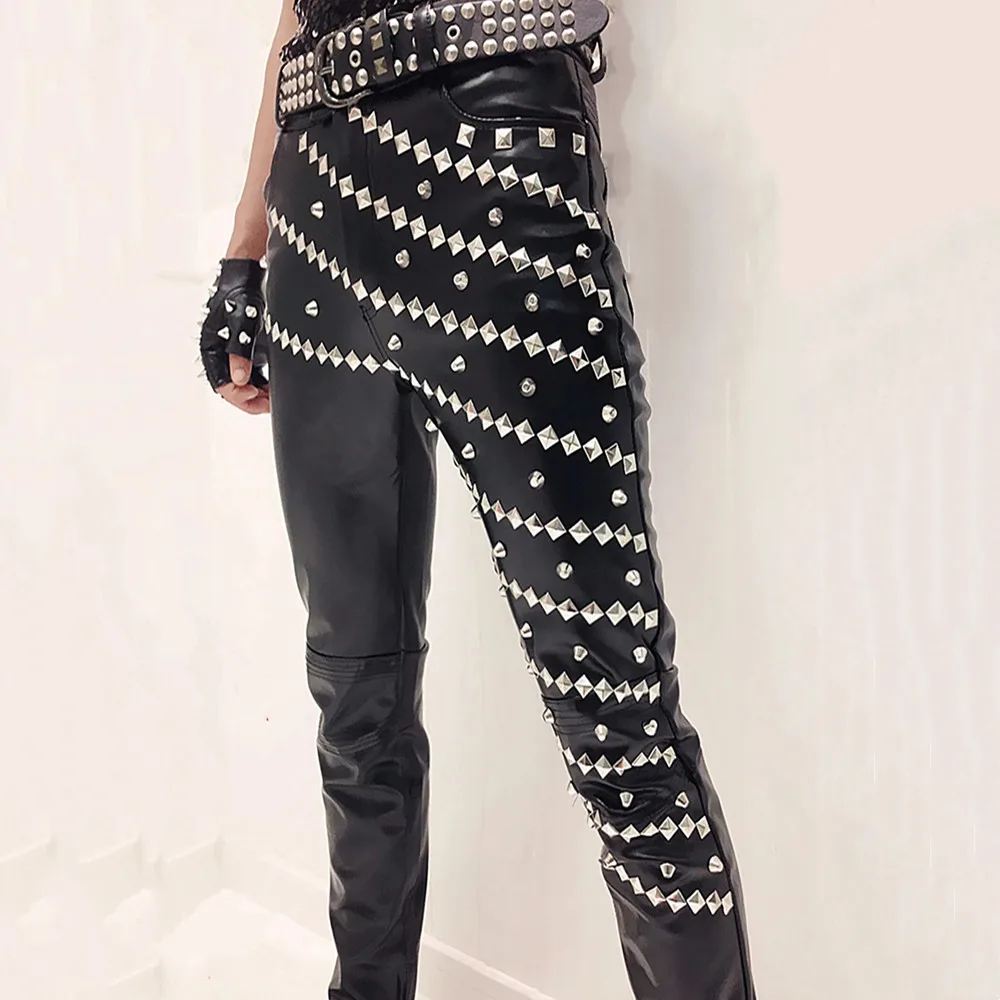 남성 블랙 메탈 리벳 가죽 바지 록 밴드 가수 댄서 무대 공연 의상 바 펑크 슬림 바지