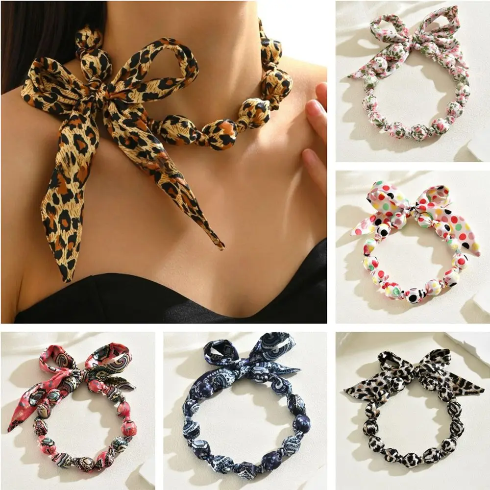 

Floral Printed Women Scarf Necklace Bowknot Bohemia Style Retro Leopard Print Choker Soft Versatile Boho Style Neckerchief Girl