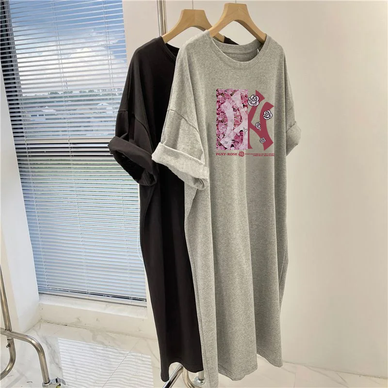 Summer Cartoon Printed Short Sleeve Dress, Vintage Loose Casual Knee Length Tunic, Women Clothing Basic Pullovers Dresses