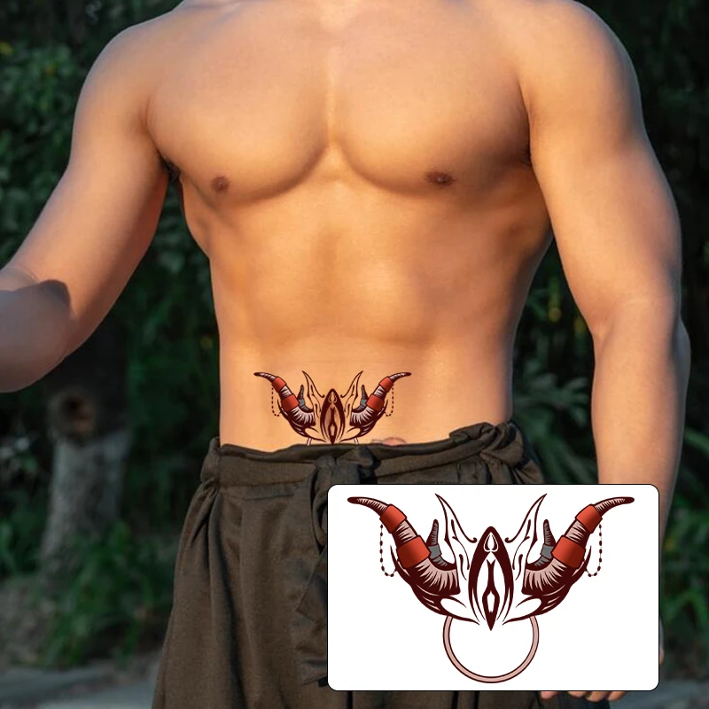 Men's Temporary Tattoo Stickers with Sexy Bull Head Design for the Lower Abdomen. Waterproof, Sweatproof, and Colorful.