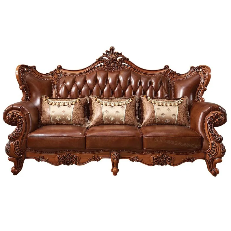 

European solid wood double-sided carved leather living room first layer cowhide villa large leather