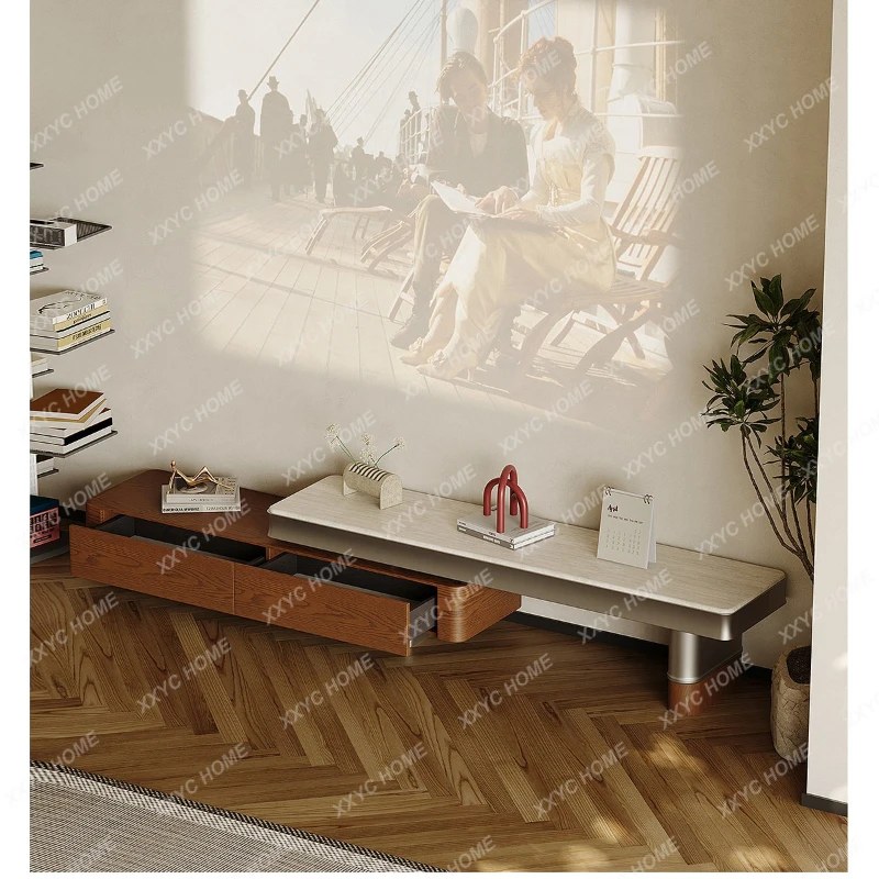 

Medieval retractable TV cabinet living room household small apartment Bauhaus microcrystalline stone floor-to-ceiling TV cabinet