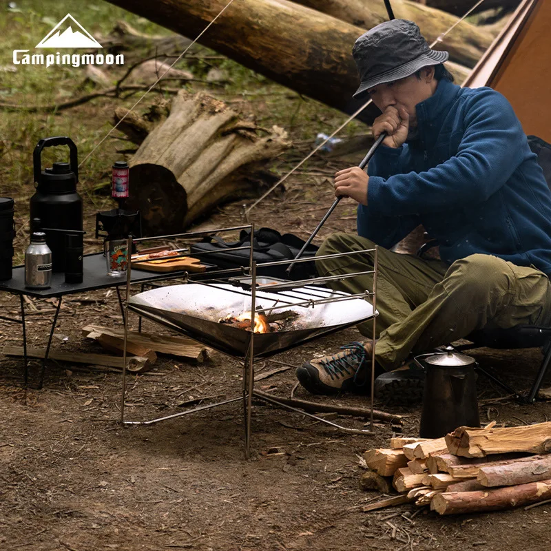 Tavolo da fuoco in acciaio inox CAMPINGMOON SOLO-A3 con tre ponti regolabili, barbecue da campeggio portatile e pieghevole
